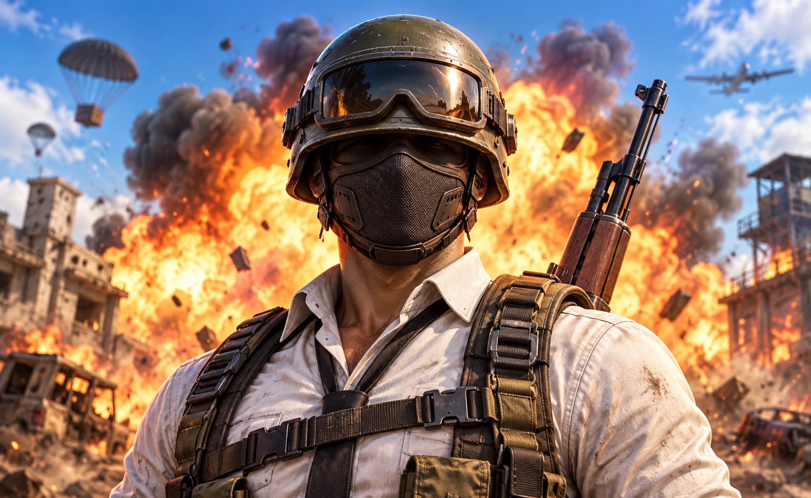 Original battle-royale soldier in a white shirt and tactical helmet