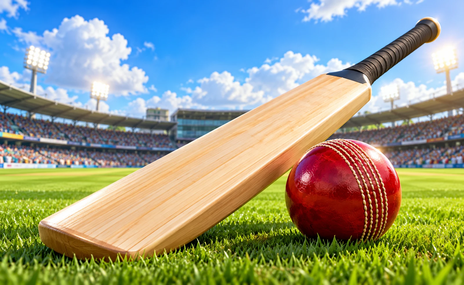 Cricket bat and red ball in a sunny stadium