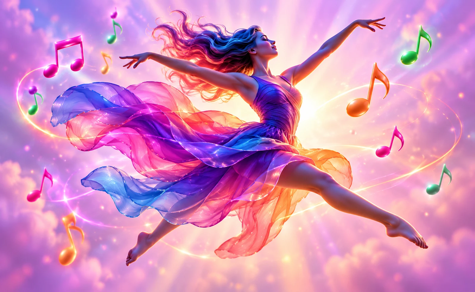 Colorful dancer mid-leap surrounded by music notes