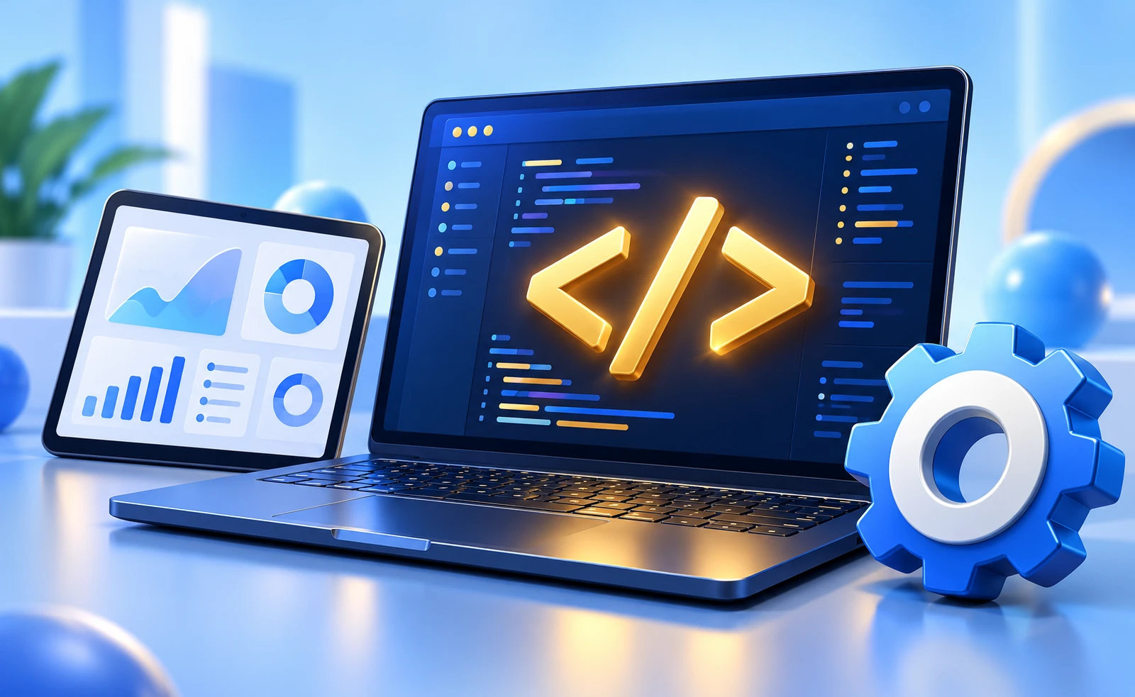 Navy laptop with a gold code symbol and a blue gear