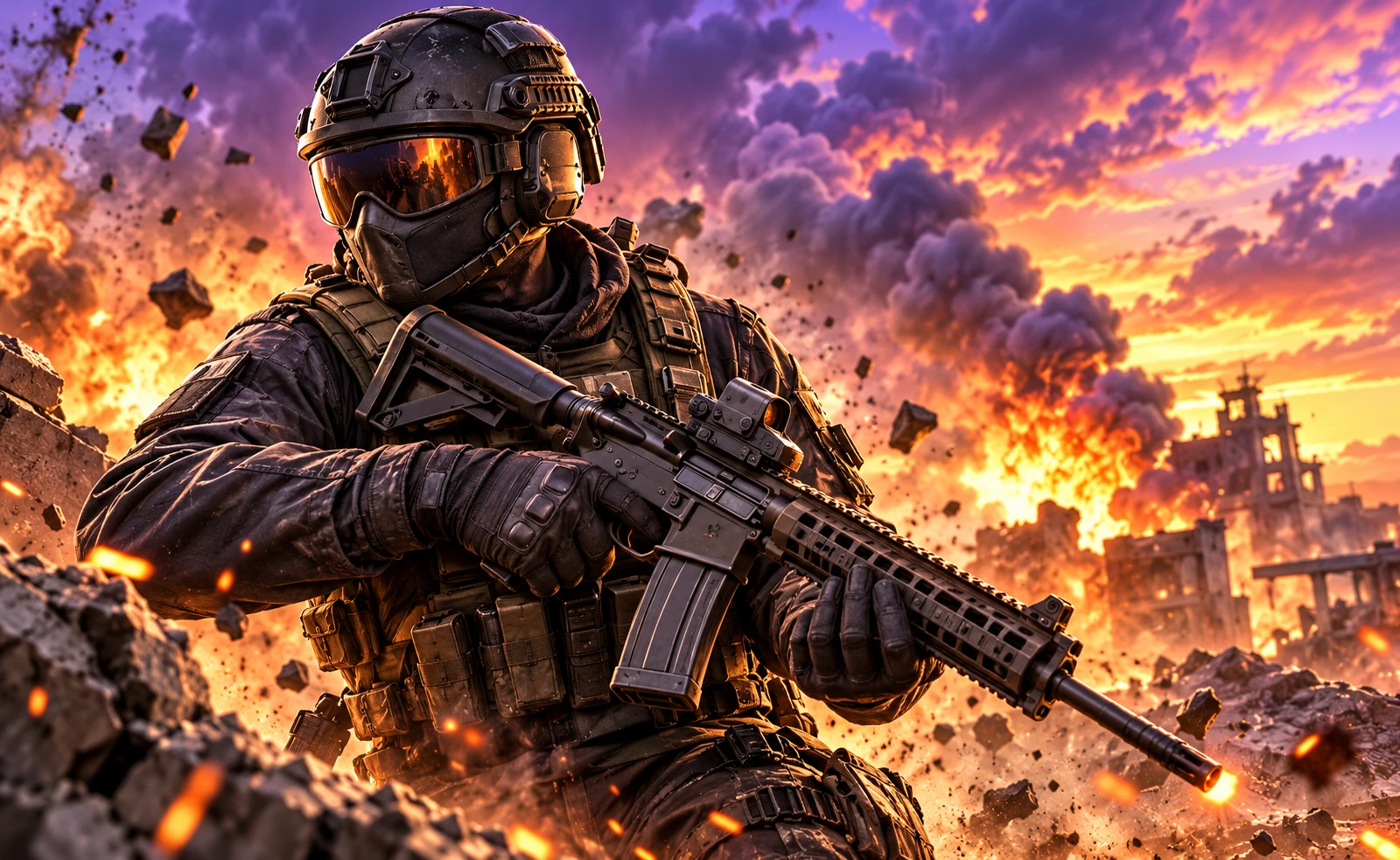 Original tactical esports soldier against a vibrant action backdrop
