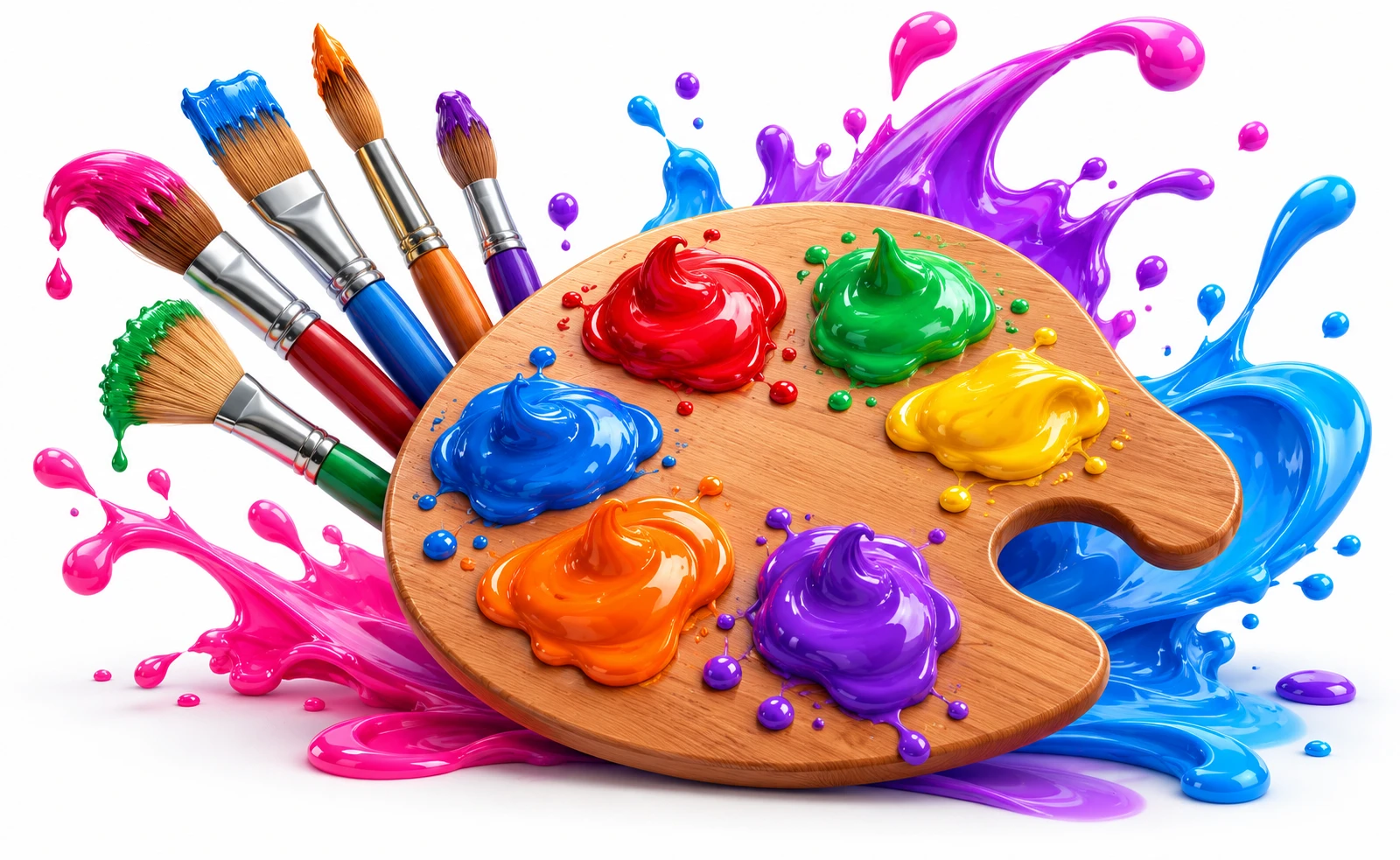 Artist palette, paintbrushes and vibrant paint splashes