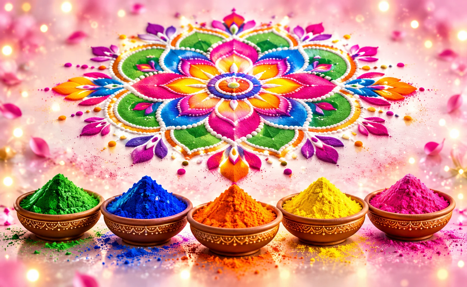 Colorful Indian rangoli mandala with bowls of colored powder