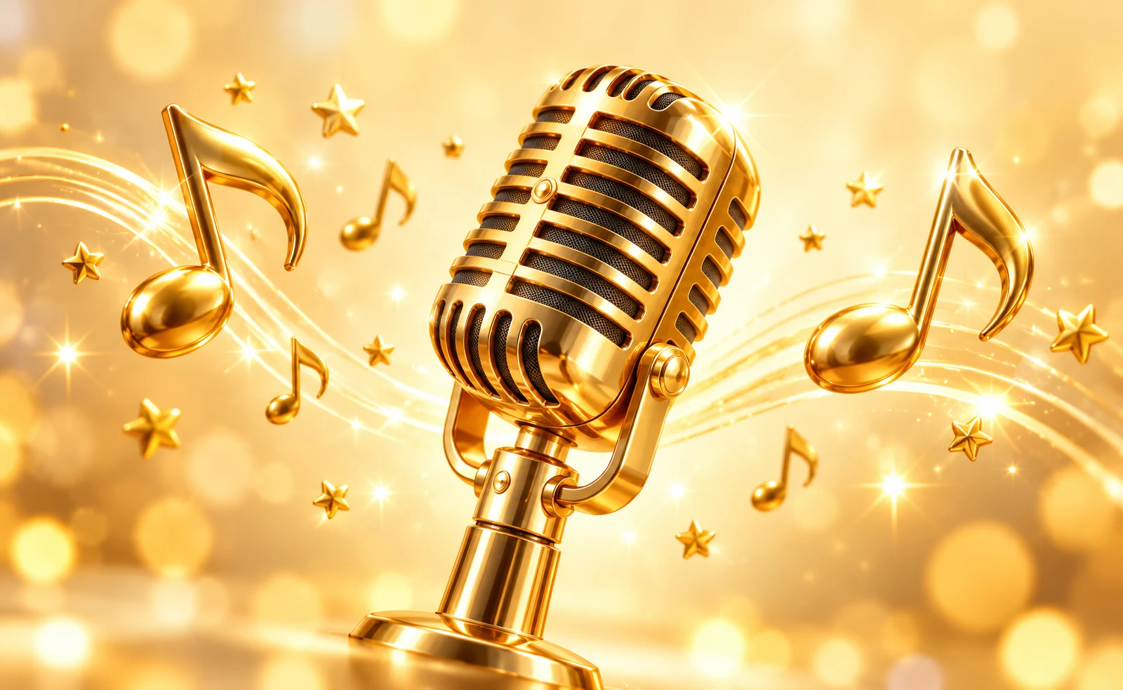 Glossy gold microphone with music notes and stars