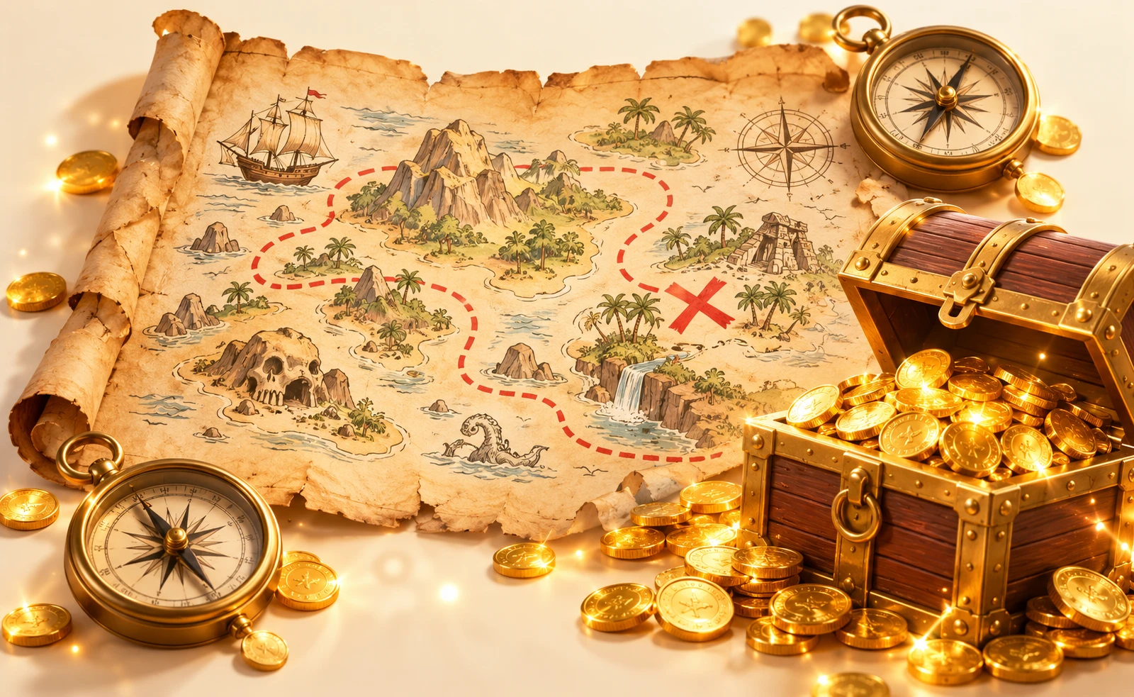 Treasure map, compass and a chest filled with gold coins