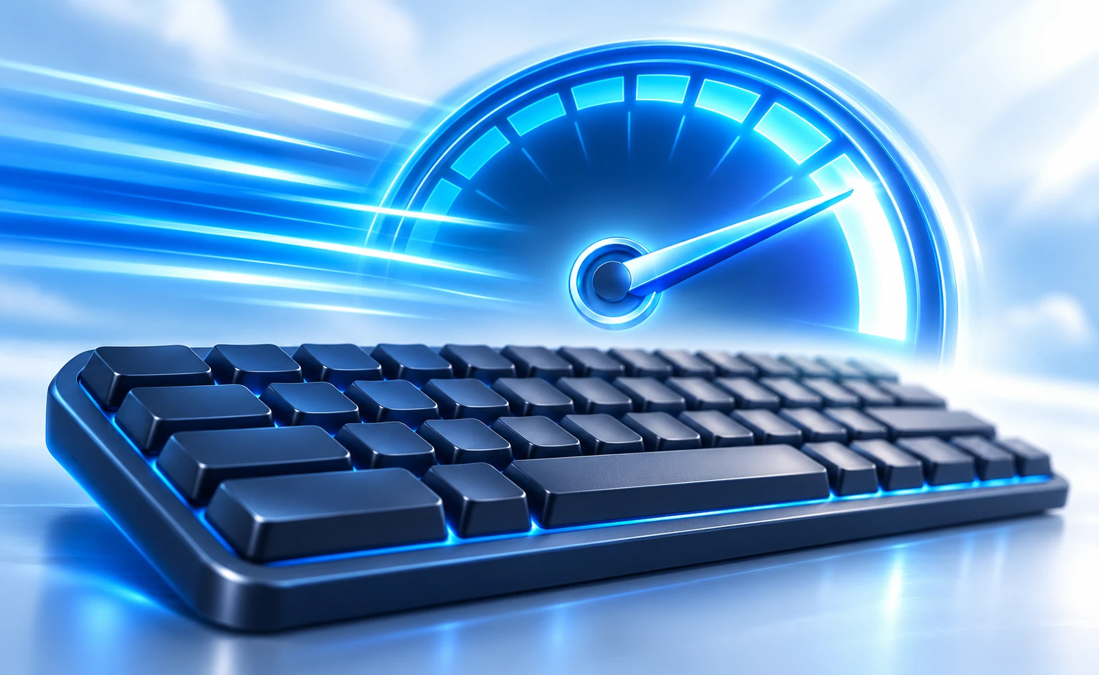 Blue speedometer hovering above a navy keyboard